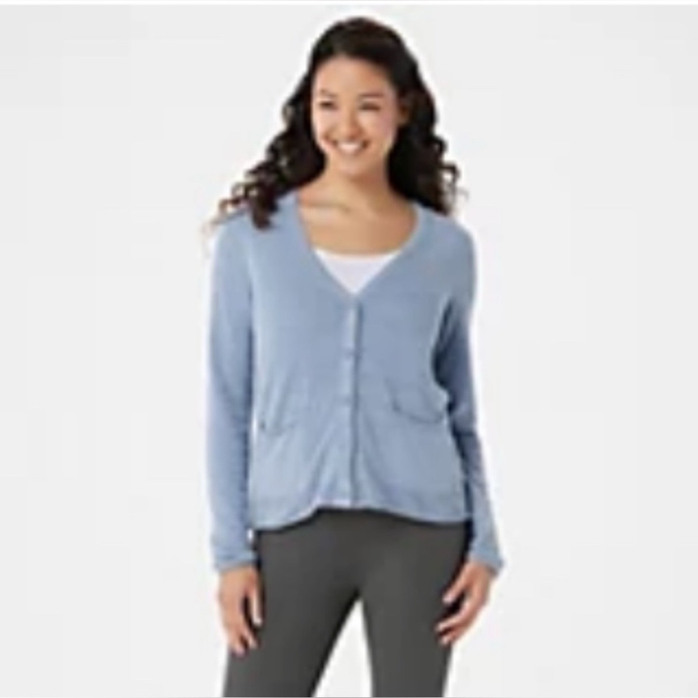 Barefoot Dreams Powder Blue Cardigan Sweater with Ribbed Trim